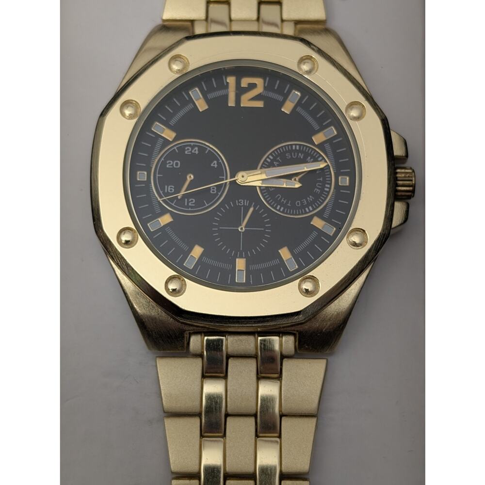 Accutime Men's Gold-Tone Octagonal Multi-Function Japanese Quartz Watch
